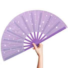 OMyTea Glitter Large Rave Folding Hand Fan - 13'' Foldable Clack Chinese Tai Chi Kung Fu Fan - for Festivals, EDM, Club, Dancing, Hot Flashes, Church and Gifts (Purple)