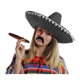 IDEALGIFTSHOP 1X BLACK MEXICAN SOMBRERO HATS PLUS 1X MOUSTACHE PLUS 1X FAKE JUMBO CIGAR STRAW