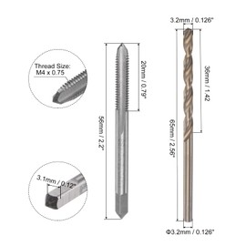 sourcing map Tap & Bit Sets, M4 x 0.75 H2 Straight Flute Machine Thread Milling Tap, 3.2mm M35 Cobalt High Speed Steel (HSS-CO) Twist Drill Bit
