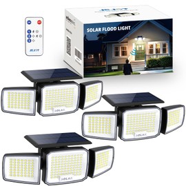 JEJOT Solar Security Light Outdoor Super Bright LED w/Remote Control, Radar Motion Sensor Flood Light, 3 Heads 270° Wide Angle, IP65 Waterproof, 3 Modes (3 Packs)