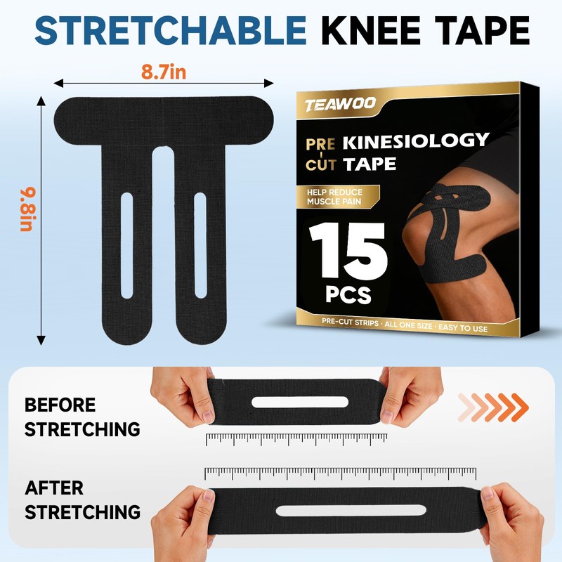 PreCut Kinesiology Tape for Knees, 15PCS Black Extra Adhesive Athletic