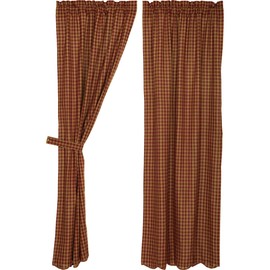 VHC Brands Burgundy Check Primitive 84"x40" Panel Pair Red Rod Pocket Cotton Tie Back(s) Window Curtains