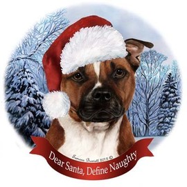 Dog in Santa Hat Porcelain Hanging Howliday Ornament (Pit Bull)