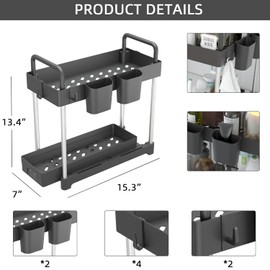 PROFECTUS Under Sink Organizers and Storage, 2-Tier Sliding Under Bathroom Cabinet Organizer with Hooks,Hanging Cup,Handrail,Multi-Purpose Storage Shelf for Kitchen Bathroom