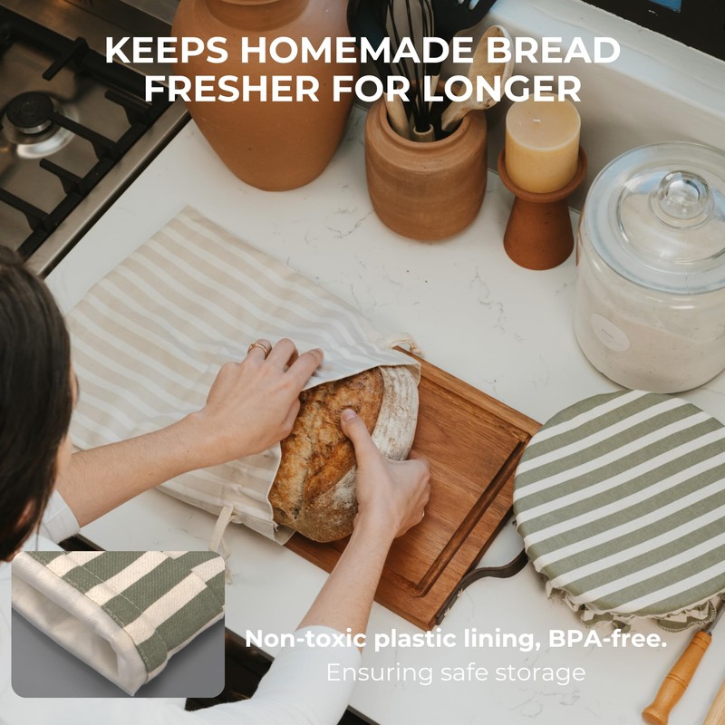 Beautiful Linen Bread Bag Set and Proofing Cover For Homemade