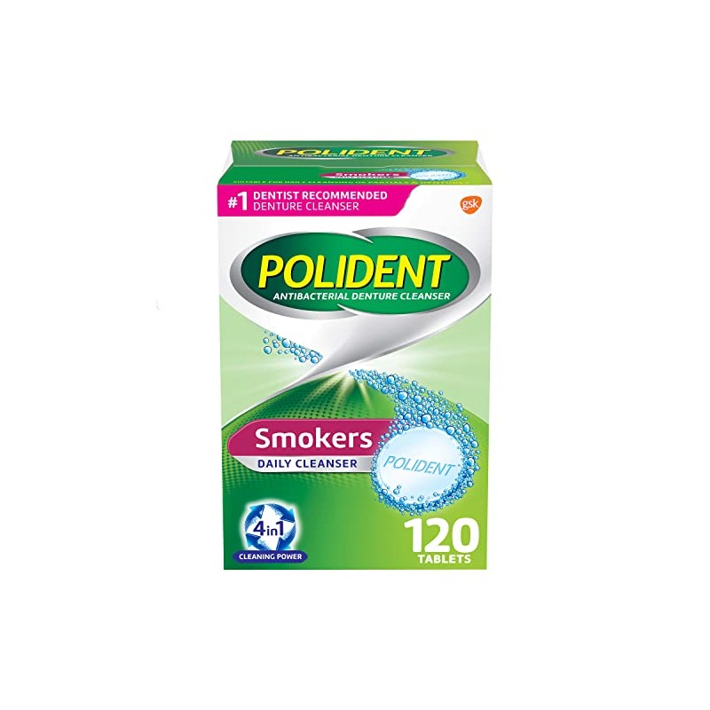 Polident Smokers Antibacterial Denture Cleanser Effervescent Tablets, 120 count