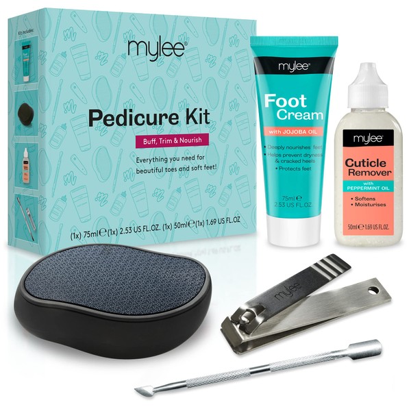 Mylee Pedicure Kit – 5 Piece Set with Crystal Fool File, Foot Cream, Cuticle Remover, Metal Cuticle Pusher and Large Nail Clippers, Dry, Dead or Hard Skin Removal, Suitable for Salon and Home Use