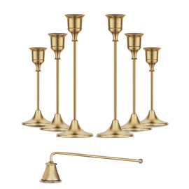 Gold Candleholders for Taper Candlesticks Plus Candle Snuffer – Dining Table Décor Centrepiece - Brass Candelabra Candlestick Holder - Gold Décor for Home Weddings Celebrations Events (Set of 6 Pcs)