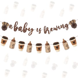A Baby is Brewing Baby Shower Supplies Coffee Theme Baby Brewing Banner 2PCS Welcome Baby Shower Decorations Coffee Cup and Babies Bottle Hanging Banners for Brown Gender Reveal Party Decor