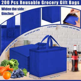 Windyun 200 Pcs Reusable Grocery Bags Large Non Woven Shopping Bags Foldable Portable Tote Carryall Bulk(Blue)