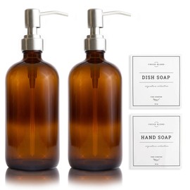 Vine Creations Amber Glass Soap Dispenser 2 Pack, Thick 16oz Bottles Rustproof Stainless Steel Pump, Modern Farmhouse Vintage Jar, Bathroom Kitchen Accessories, with Waterproof Labels (Brushed Gold)