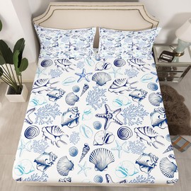 Homewish - Juego de sábanas bajeras costeras de tamaño individual, 2 piezas, juego de cama de coral con diseño de océano marino para niños, adolescentes, adultos, decoración de recámara, color azul