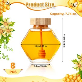 Sunnyray 8 Pcs 220 ml Glass Honey Jars with Dipper Hexagonal Honey Pot Jars Clear Glass Honey Dispenser Small Honey Containers Honey Bottle with Wooden Dipper and Cork Lid for Home Storage Kitchen