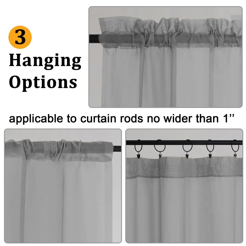 Gwine Charcoal Grey Sheer Kitchen Curtains 36 Inch Length, Light