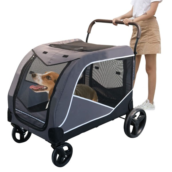 Goyappin Dog Stroller for Large Dogs, Waterproof&Detachable&Foldable, Extra Large Pet Stroller for 2 Medium Dogs up to 160 LBs, Dog Wagon with Adjustable Handle, Improved Big Rubber Wheels