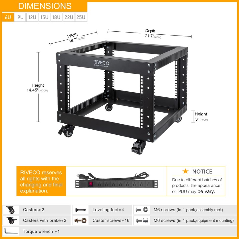 RIVECO 6U Server Rack with Wheels Open Frame Networking Rack+