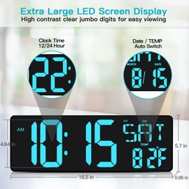 XREXS 17.2" Large Digital Wall Clock Bluetooth Sync Time, Precise Atomic Clocks with Remote Control, Adjustable Dimmer Grandfather Clock, Temperature Clock for Bedroom, Desk Alarm Clock for Teens