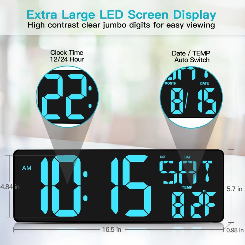 XREXS 17.2" Large Digital Wall Clock Bluetooth Sync Time, Precise