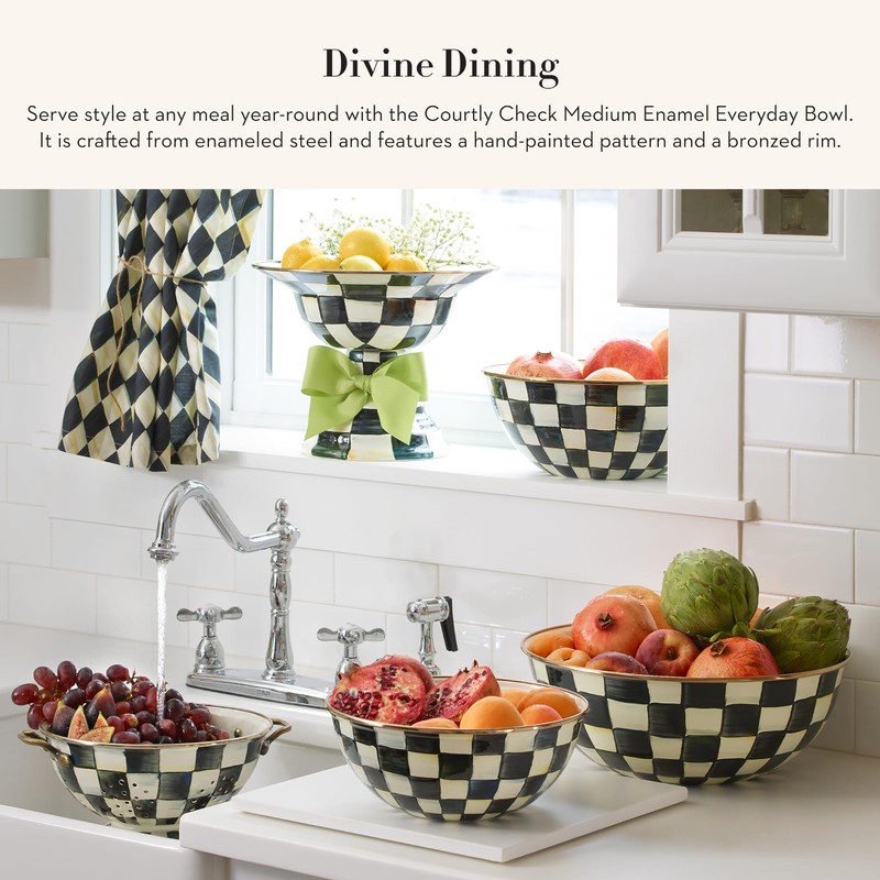 MACKENZIE-CHILDS Enamel Everyday Bowl, Serving Bowl for Entertaining, Medium, Black-and-White