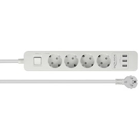 DeLock 4-Way Power Strip with Surge Protection and USB Charger, White