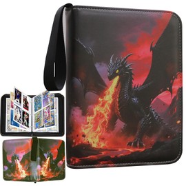 Sihdnok Trading Card Binder–Deluxe Fire Dragon 4-Pocket Side-Loading Zipper Album with 50 Sleeves and 400 Pockets–Fits Sleeved Cards–Ideal for TCG，MTG, Sports Collector