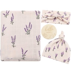 LifeTree Baby Swaddling Cloths Made of Cotton and Bamboo, Large Muslin Cloth, 120 x 120 cm, Muslin Nappies, Baby Blanket, Hat, Bow and Wooden Birthday Card Set, Lavender Design
