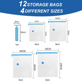 Vacuum Bags for Clothing, Duvets, Pack of 12 Vacuum Bags for Clothing, Travel Vacuum Bags with Pump, Vacuum Space Saver, Vacuum Bags for Clothing, Large Vacuum Bags, Compression Bags