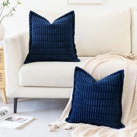 Otostar Cushion Cover Nordic Set of 2 Wheat Corduroy Stylish Cute Modern Zipper Interior Decorative Pillow Cover Zabuton Cover (17.7 x 17.7 inches (45 x 45 cm), Navy Blue