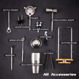 Cocktail Shaker Bartender Kit : 13-Piece Tool Set with Acrylic Stand Bar Set with All Practical Bar Accessories, for Drink Mixing, Home, Bartender Kit with Rotating Stand.