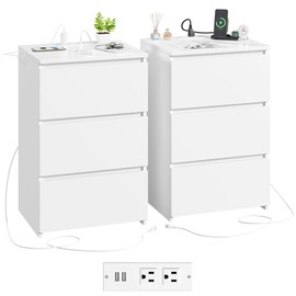 FOTOSOK White Nightstand Set of 2, 26" H White Night Stand with Charging Station, Nightstand Set 2 with USB Ports & Power Outlets, Silent Slides, Wooden End Side Table Bedside Table for Bedroom