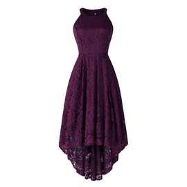 Womens Vintage Halter Floral Lace Hi-Lo Backless Bridesmaid Party Long Maxi Dress Sleeveless Casual A-Line Pleated Short Wedding Prom Retro 50s 60s Cocktail Formal Swing Dress Deep Purple X-Large