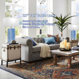 24” Tall Touch Control Table Lamps Set of 2, Blue Navy Lamps w/ USB& Type C Ports, Dimmable Coastal Bedside Nightstand Lamp White Shade, Large Lamps for Living Room End table Bedroom (Bulbs Included)