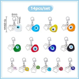 DELORIGIN 14pcs Heart Evil Eye Collar Pendants for Cat Dog Alloy Glazed Pet Collar Pendants Clip-on Charms Dog Paw Pet Puppy Necklace Collar for Bag Keychain Pet Jewelry Making Training Home Decor