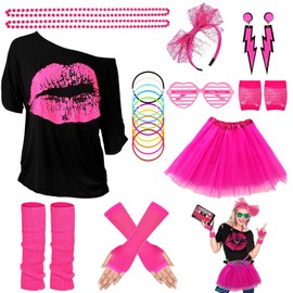 Women's 80s 90s Outfit, One Size Fits All, T-Shirt, Tutu, Glasses, Leg Warmer, Headband, Earring, Necklace, Mesh Gloves, 90s Outfit, Women's 80s Costume, Neon Accessories, Girls Women, Pink (pink 2)