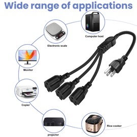 Power Splitter 3 Prong 1 to 3 Outlet Extension Cord Splitter 1.3ft Short Extension Cord Ac Power Extension Cord Plug Splitter 3 Prong Extension Cord Outdoor Extension Cord Waterproof (3-Outlet)