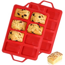 CAKETIME Mini Loaf Pans, Metal Reinforced Frame Silicone Mini Bread Loaf Pans 8 Cavities Nonstick for Baking Cornbread, Mini Bread, Mini Loaf, Brownie, Cheesecake, Chocolate 2 Pack Red