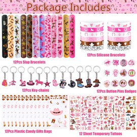 Augweyang Western Cowgirl Party Favors Decoration Supplies with 12 Gift Bags,12 Key-chains,12 Slap Bracelets,12 Wristbands,12 Badges,12 Temporary Tattoos for Birthday Horse Let's Go Girls Party