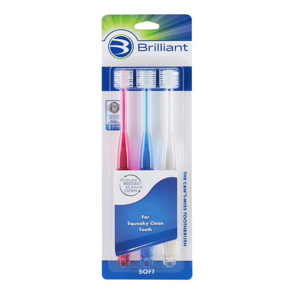 Brilliant Soft Toothbrush for Adults - With Over 14,000 360 Degree Micro-Fine, Rounded-Tip Bristles for Easy & Effective Cleaning, Red-Clear-Blue, 3 Count