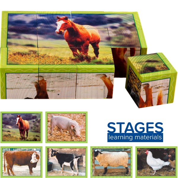 Stages Learning Wooden Farm Animal Cube Puzzle for Preschool Language Builder