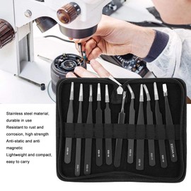 Garosa 11 piezas Juego de pinzas de precisión kit de pinzas antiestáticas ESD de acero inoxidable con bolsa portátil Kit de Herramientas de reparación para Reparación Electrónica(#1)