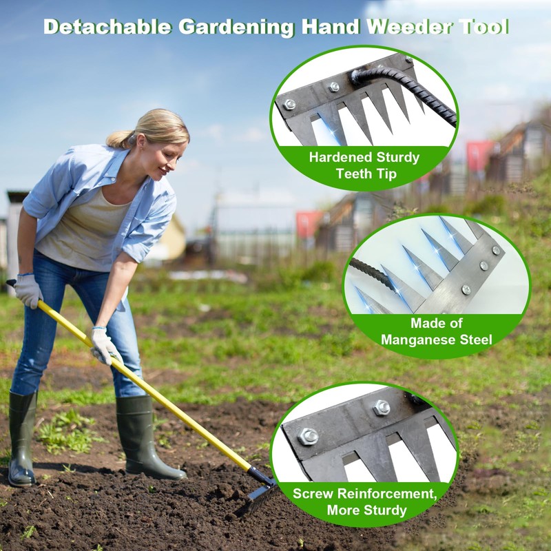 Garden Weeding Rake, Upgraded Detachable Weeder Puller Tool, Manganese Steel