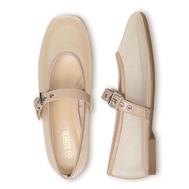Rihero Mesh Ballet Flats for Women Comfortable Ballerina Shoes Square Toe Mary Jane Nude Flats with Strap Size 9