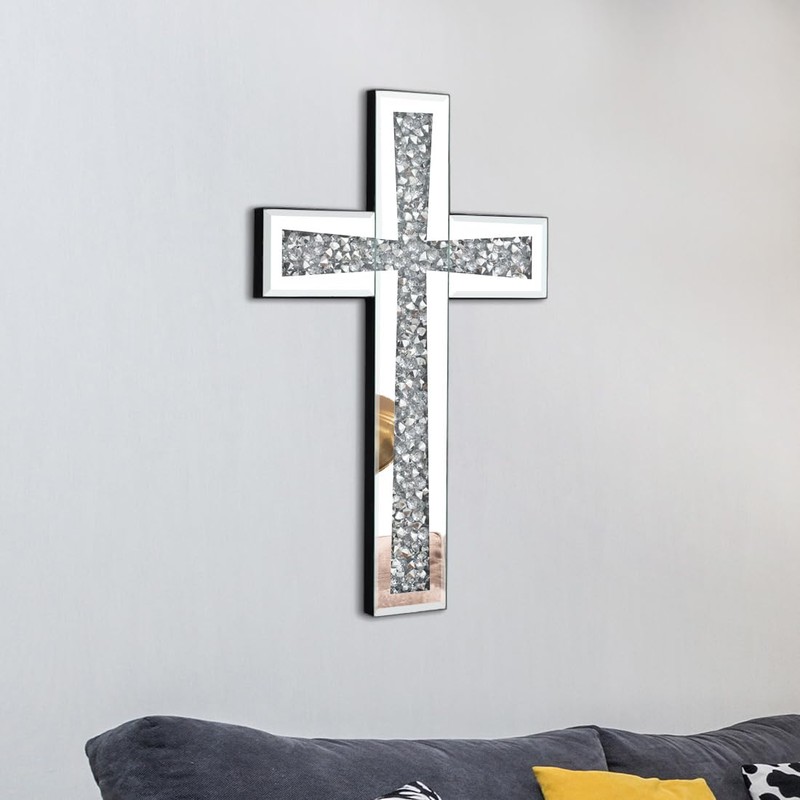 Aeveco Silver Mirrored Wall Cross 15×10 inch, Crystal Crush Diamond