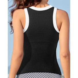 Tankini Tops for Women - High Neck Swimsuit Top Only Modest Bathing Suit Top Ribbed Swim Tank Top No Bottom 2025 Black and White XL