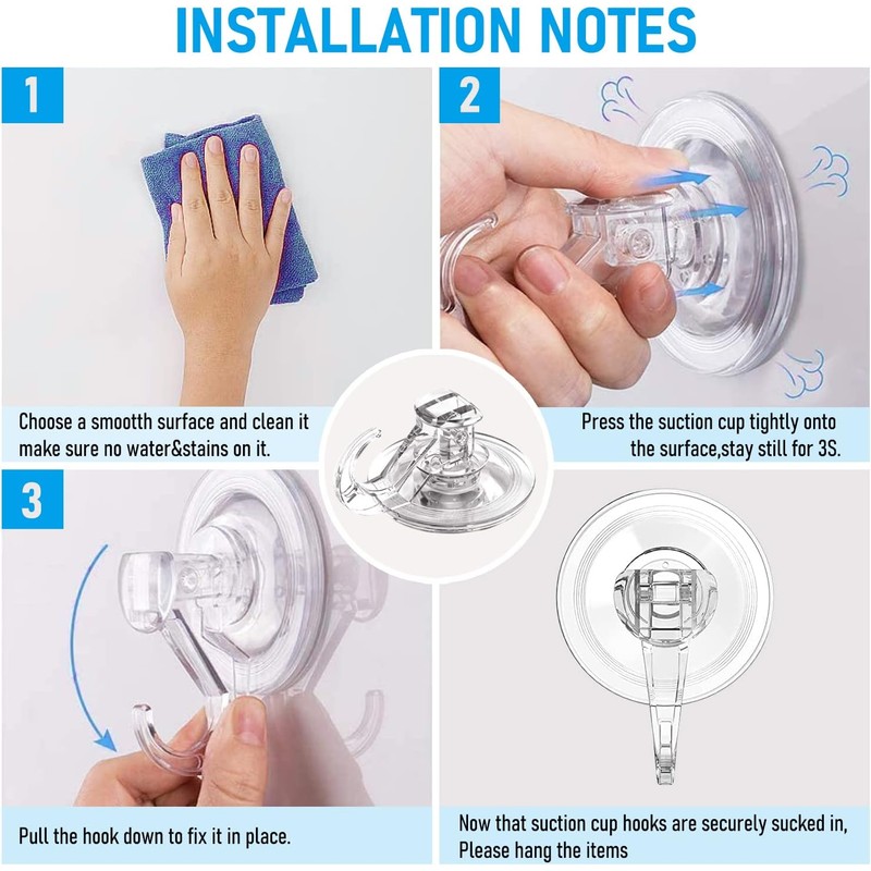 Quntis Suction Cup Hooks 4 Pack, Multi-Purpose Clear Shower Suction