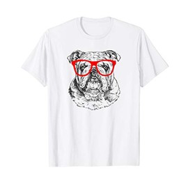 English Bulldog in Red Glasses Nerd Dog T Shirt Men Women Kids T-Shirt