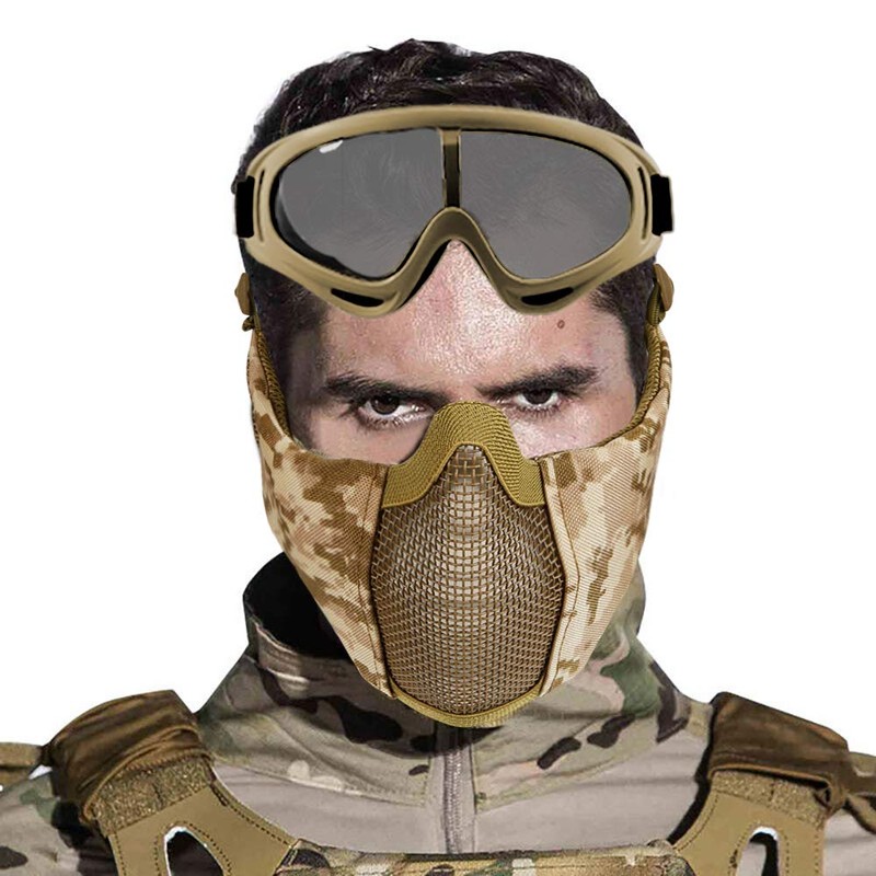 Airsoft Mask with Goggles, Foldable Airsoft Mesh Mask with Ear