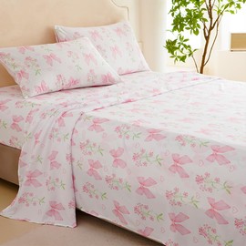 Jolusere Bow Sheet Set Queen for Girls Kids Pink Floral Fitted Sheet Set Soft Microfiber Fitted Flat Sheets & Pillowcases - Princess Style Bowknot Bedding Sets Toddlers 4 Pieces Cute Sweet Bed Set