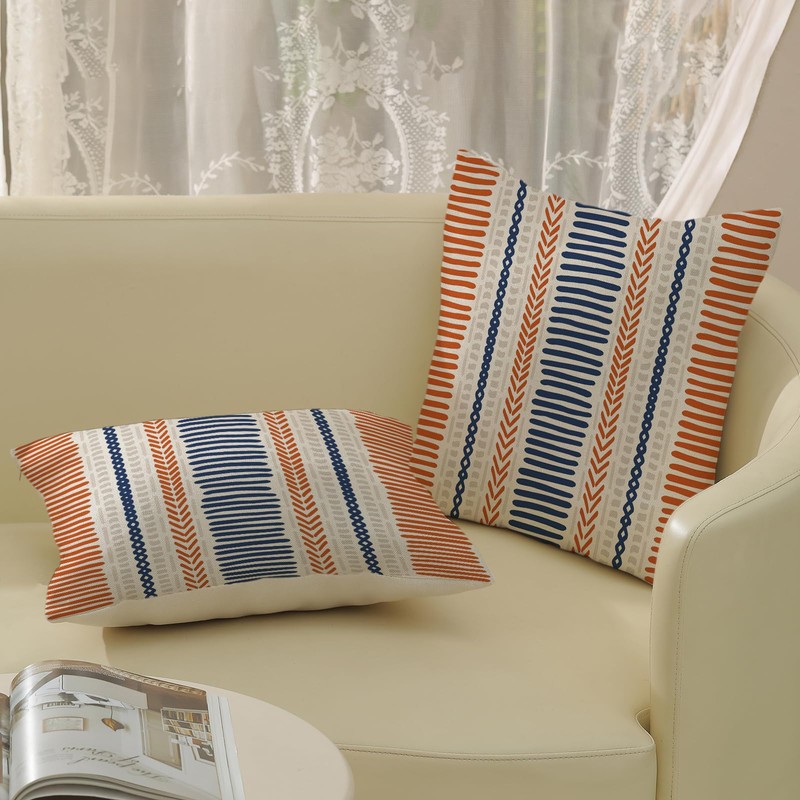 Burnt Orange Navy Blue Pillow Covers 18x18 Inch 2 Pcs