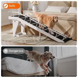 HOOBRO Dog Ramp for Bed, Large Wooden Pet Ramp for Dogs with Non-Slip Carpet Surface, Safety Rails, and Top Platform, 70.9" x 15.7" x 23.6", White and Black BW18PT03G1